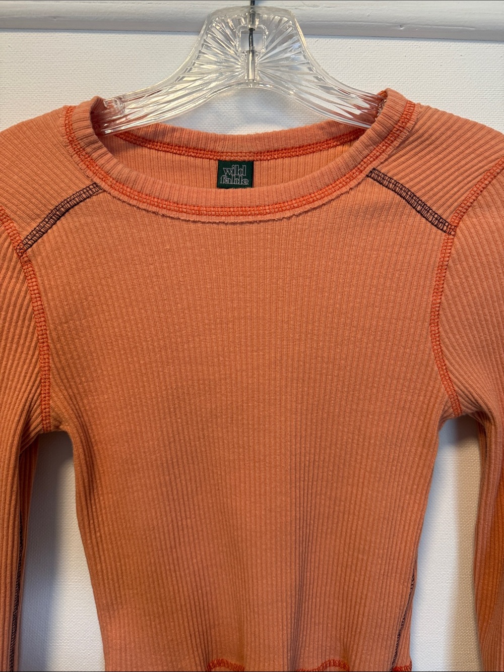 Wild Fable Long Sleeve Ribbed Crop Top in Rust Orange with Contrast Stitching - Picture 3 of 5